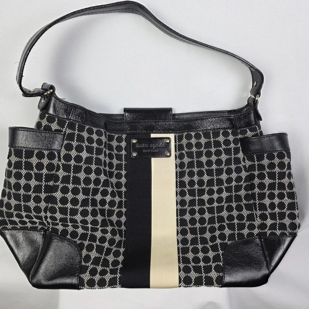 Kate Spade Black Cream‎ Spade Dot Jacquard Stripe Leather Trim Shoulder Bag Tote
